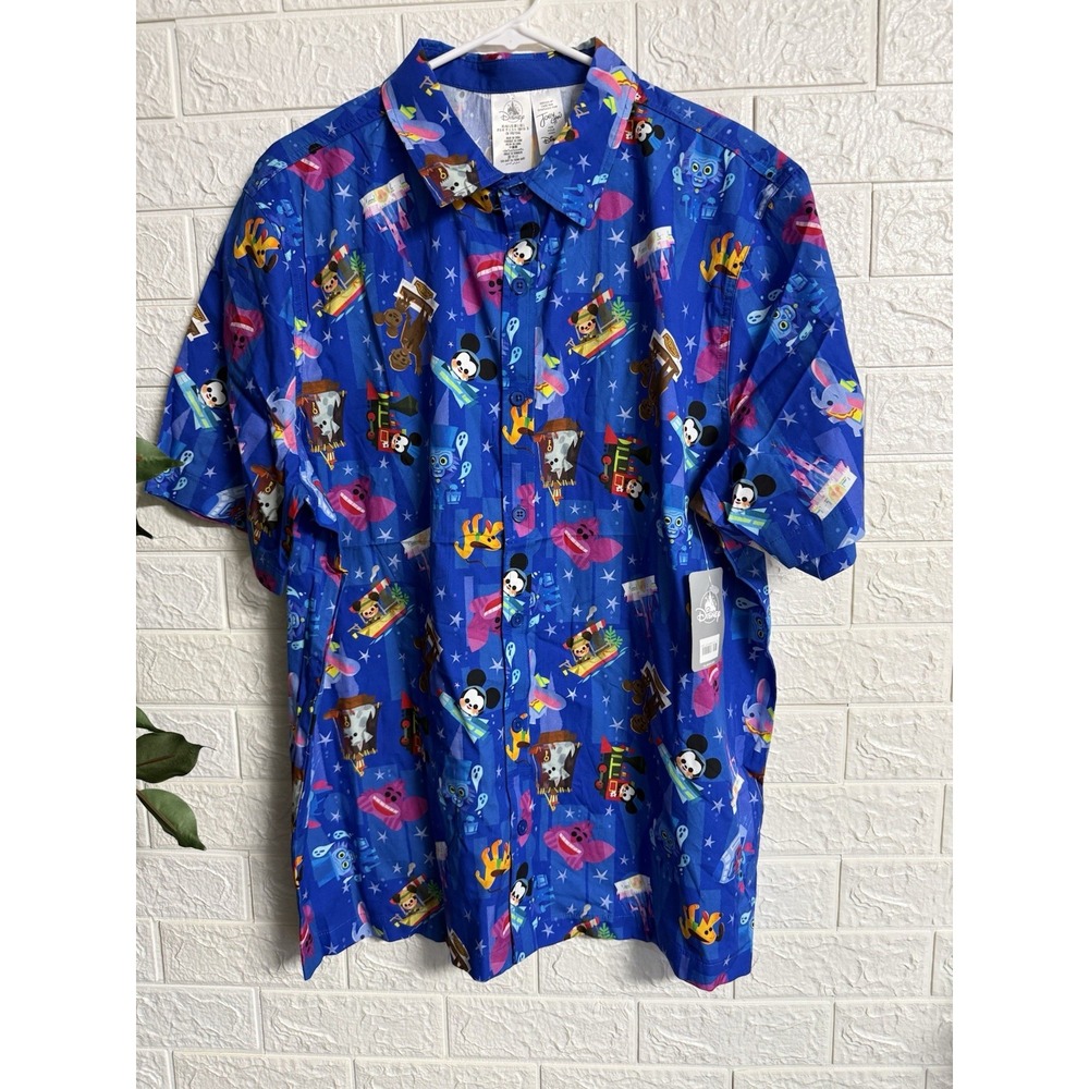 Disney Parks Joey Chou Character Button Front Shirt Mens Large Blue Short Sleeve